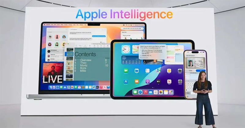 Đại diện Apple giới thiệu thiết bị tương thích với Apple Intelligence tại sự kiện WWDC 2024 đầu tháng 6. Ảnh: Apple